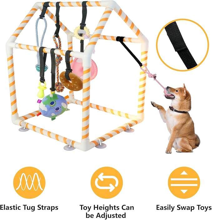 Puppy Play Gym with 8 Hanging Toys for Small Dogs, Indoor Jungle Activity Center with PVC Frame & Bungee Straps, Interactive Enrichment Toys to Keep Puppies Busy
