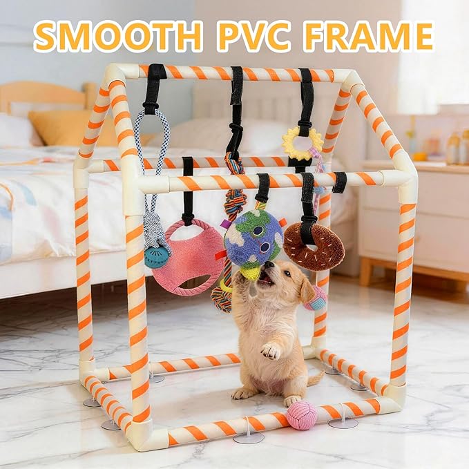 Puppy Play Gym with 8 Hanging Toys for Small Dogs, Indoor Jungle Activity Center with PVC Frame & Bungee Straps, Interactive Enrichment Toys to Keep Puppies Busy
